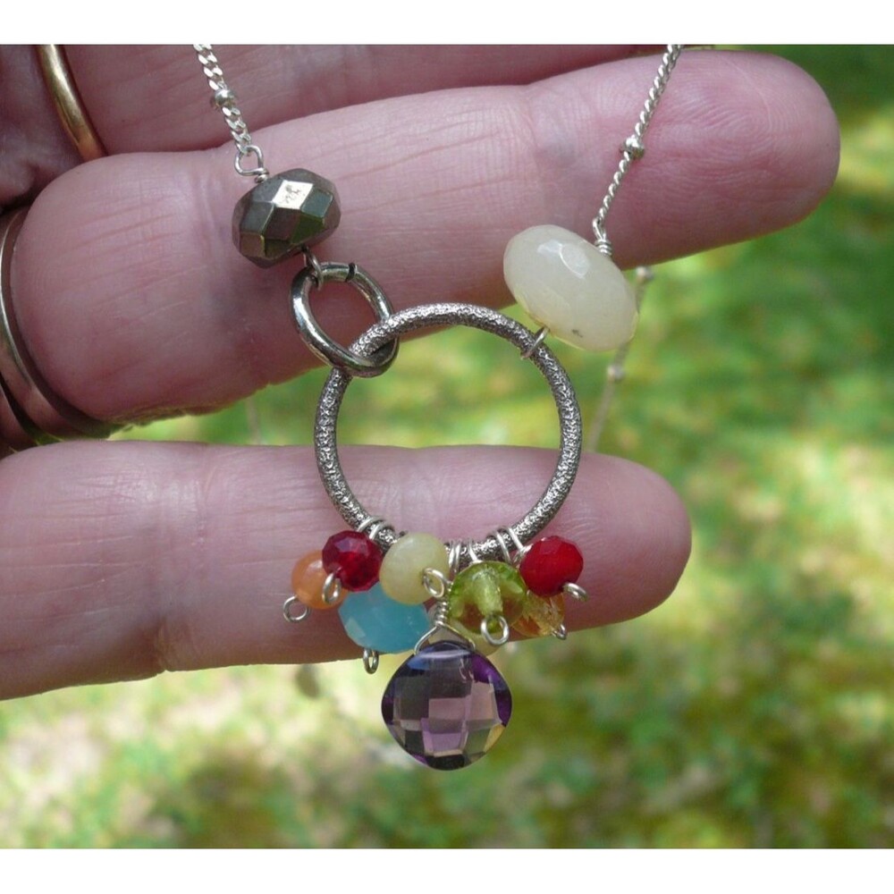 Anna Balkan Sterling Silver 925 Colorful Gemstone Pendant Necklace 16" to 18"